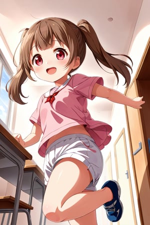 loli , happy face, brown hair, red_eyes, twintails, down_view, classroom, pink shirt, white shorts, running