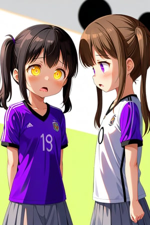 2_girls. loli hypnotized, sad_face, black_hair, brown hair, side_view, twin_tails, yellow_eyes, soccer, purple shirt, gray skirt, sticking_out_tongue, 