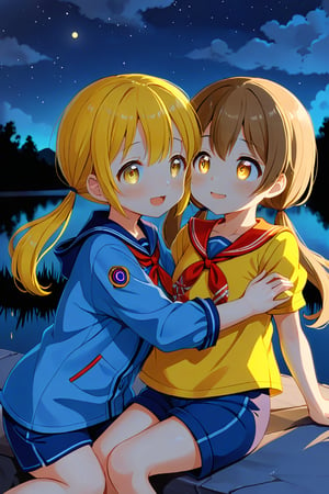 2_girls. loli hypnotized, happy_face, yellow_hair, brown hair, side_view, twin_tails, yellow_eyes, night lake, scout, blue shirt, blue short pants, lying, hugging
