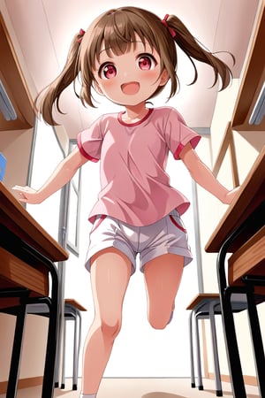 loli , happy face, brown hair, red_eyes, twintails, down_view, classroom, pink shirt, white shorts, running