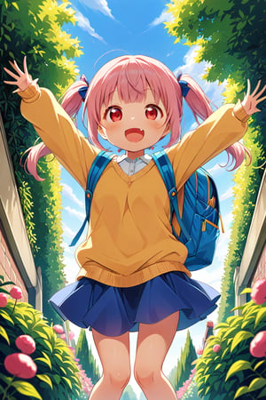 loli, happy face, pink hair, red_eyes, twintails, down_view, green garden, blue skirt, white shirt, yellow sweater, blue backpack, quatting, sticking_out_tongue, arms_raised, 