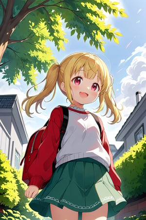 loli, happy face, yellow hair, red_eyes, twintails, down_view, gray garden, green skirt, white shirt, red sweater, pink backpack, 