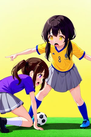 2_girls. loli hypnotized, sad_face, black_hair, brown hair, side_view, twin_tails, yellow_eyes, soccer, purple shirt, gray skirt, sticking_out_tongue, crouched, peace fingers