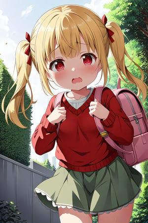 loli, lewd face, yellow hair, red_eyes, twintails, down_view, gray garden, green skirt, white shirt, red sweater, pink backpack, 