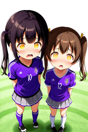 2_girls. loli hypnotized, sad_face, black_hair, brown hair, front_view, twin_tails, yellow_eyes, soccer, purple shirt, gray skirt, sticking_out_tongue, 