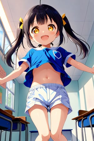 loli , happy face, black hair, yellow_eyes, twintails, down_view, classroom, blue shirt, white shorts, 