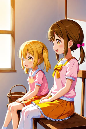 2_girls. loli hypnotized, happy_face, yellow_hair, brown hair, side_view, twin_tails, yellow_eyes, basket, pink shirt, orange skirt, sitting