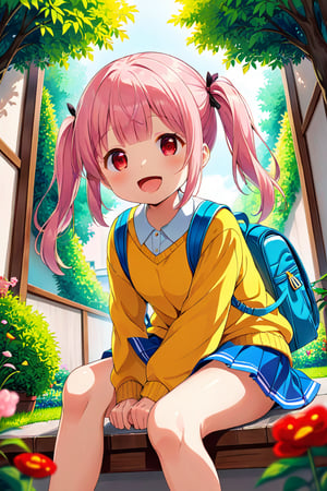 loli, happy face, pink hair, red_eyes, twintails, down_view, green garden, blue skirt, white shirt, yellow sweater, blue backpack, sitting, legs_spread, sticking_out_tongue