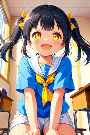 loli , happy face, black hair, yellow_eyes, twintails, down_view, classroom, blue shirt, white shorts, 