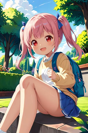 loli, happy face, pink hair, red_eyes, twintails, down_view, green garden, blue skirt, white shirt, yellow sweater, blue backpack, sitting, legs