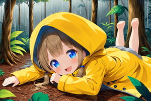 loli , happy face, twintails, yellow brown hair, blue_eyes, side_view, rain forest, white shirt, gray skirt, yellow raincoat, sticking_out_tongue, lying down