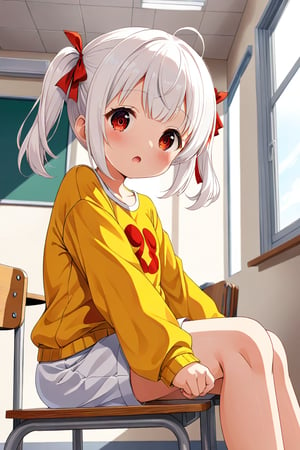 loli , surprise face, white hair, red_eyes, twintails, down_view, classroom, yellow shirt, white shorts, sitting