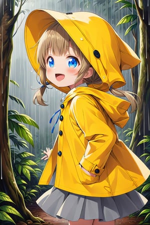 loli , happy face, twintails, yellow brown hair, blue_eyes, side_view, rain forest, white shirt, gray skirt, yellow raincoat, sticking_out_tongue