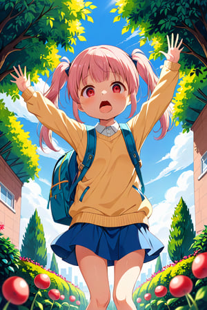 loli, lewd face, pink hair, red_eyes, twintails, down_view, green garden, blue skirt, white shirt, yellow sweater, blue backpack, quatting, sticking_out_tongue, arms_raised, 