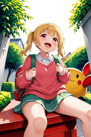 loli, happy face, yellow hair, red_eyes, twintails, down_view, gray garden, green skirt, white shirt, red sweater, pink backpack, sitting, legs_spread, sticking_out_tongue