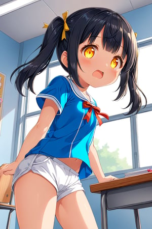 loli , surprise face, black hair, yellow_eyes, twintails, down_view, classroom, blue shirt, white shorts, 