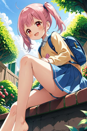 loli, happy face, pink hair, red_eyes, twintails, down_view, green garden, blue skirt, white shirt, yellow sweater, blue backpack, sitting, legs