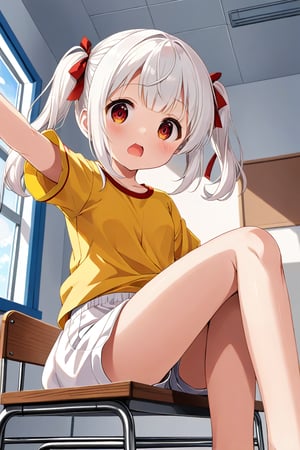 loli , surprise face, white hair, red_eyes, twintails, down_view, classroom, yellow shirt, white shorts, sitting