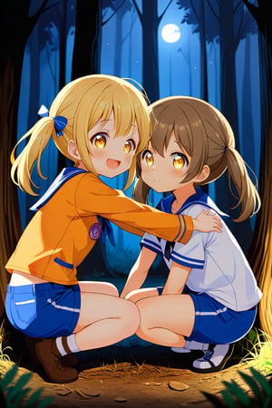 2_girls. loli hypnotized, happy_face, yellow_hair, brown hair, side_view, twin_tails, yellow_eyes, night forest, scout, orange shirt, blue short pants, crouched, hugging