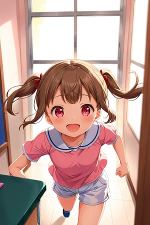 loli , happy face, brown hair, red_eyes, twintails, down_view, classroom, pink shirt, white shorts, running