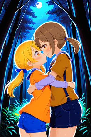 2_girls. loli hypnotized, happy_face, yellow_hair, brown hair, side_view, twin_tails, yellow_eyes, night forest, scout, orange shirt, blue short pants, hugging, kissing