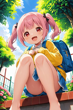 loli, happy face, pink hair, red_eyes, twintails, down_view, green garden, blue skirt, white shirt, yellow sweater, blue backpack, sitting, legs_spread, sticking_out_tongue, arms_raised