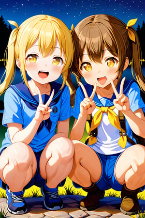 2_girls. loli hypnotized, happy_face, yellow_hair, brown hair, front_view, twin_tails, yellow_eyes, night lake, scout, blue shirt, blue short pants, squatting, peace fingers, tongue