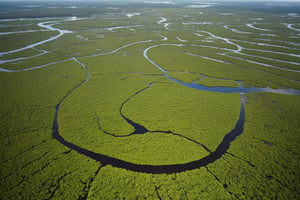 *Title: "Aerial View of a Swamp"**

**Description:**

In this detailed aerial photograph, the viewer is given a bird's-eye perspective of a vast and intricate swamp. The image captures the natural beauty and complexity of this wetland ecosystem, highlighting its diverse features and the rich tapestry of life it supports.