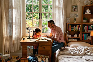 ((A father watching his beautiful young daughter as she studies in her room)),
(Intimate: 1.2), A middle-aged man with kind features and a warm smile, a small girl with curly brown hair wearing a pink blouse and jeans, a simple and tidy room, a small wooden desk with books and open notebooks, a simple desk lamp glowing, a background with wooden shelves filled with some books and simple toys, a window overlooking a small garden, cotton curtains decorated with warm colors, sunlight gently entering the room, warm and friendly feelings, detailed furniture, a calm study atmosphere, a look of pride and love from the father, focus and diligence from the child.

(Simple home: 1.1), Details of everyday life, old wooden floor, walls decorated with children's drawings, some toys scattered on the floor, an old chair next to the desk, a small picture on the wall displaying the child's drawings, a warm and cozy home atmosphere.