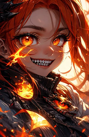 sharp teeth, High resolution, retouching, sharp smile on the mask, orange eyes, orange hair, cara perfecta,anime,h4l0w3n5l0w5tyl3DonML1gh7,JessicaWaifu, gek,fangs,1face,flaming eye