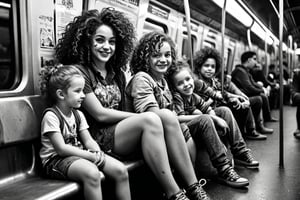 Black and white drawing, realistic, a twenty-year-old girl, sitting with children full of joy, their hair curly, clown, curly hair, chains, (((spots of neon colors))), neon colors, sitting on a rest seat in the subway.