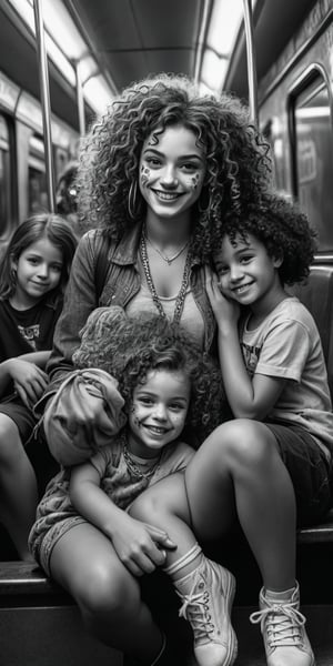 Black and white drawing, realistic, a twenty-year-old girl, sitting with children full of joy, their hair curly, clown, curly hair, chains, (((spots of neon colors))), neon colors, sitting on a rest seat in the subway.