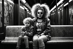 Black and white drawing, realistic, female, clown, curly hair, little child next to her They are sitting on a rest bench in the subway, chains, (((neon spots))), neon colors