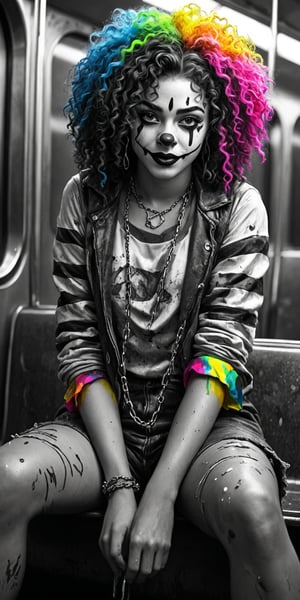 Black and white drawing, realistic, twenty-year-old girl, clown, curly hair, chains, (((splashes of neon colors))), neon colors, sitting on a subway rest seat.