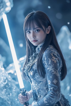 Dòu Bàn Jiàng, beautiful girl with very long hair and bangs holds a white lightsaber frozen in an ice crystal cave at dusk. The scene is captured from a low angle, highlighting the elaborate mechanical details of her attire. Soft blue lighting creates shimmering reflections on the ice surfaces, with subtle steam emphasizing the cold atmosphere. The background features towering ice formations, all blurred to accentuate the main subject's stillness. The darkening sky enhances the overall mysterious atmosphere.

(1.6-1) d S = δ Q rev T::0.2 Dòu Bàn Jiàng::0.8 ice crystal cave --s cinematic,Lightsaberpose,IceElement,IceFros.