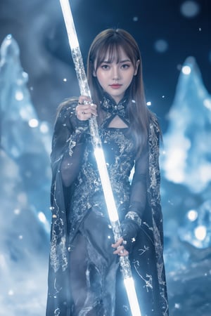 Dòu Bàn Jiàng, beautiful girl with very long hair and bangs holds a white lightsaber frozen in an ice crystal cave at dusk. The scene is captured from a low angle, highlighting the elaborate mechanical details of her attire. Soft blue lighting creates shimmering reflections on the ice surfaces, with subtle steam emphasizing the cold atmosphere. The background features towering ice formations, all blurred to accentuate the main subject's stillness. The darkening sky enhances the overall mysterious atmosphere.

(1.6-1) d S = δ Q rev T::0.2 Dòu Bàn Jiàng::0.8 ice crystal cave --s cinematic,Lightsaberpose,IceElement,IceFros.