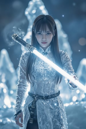 Dòu Bàn Jiàng, beautiful girl with very long hair and bangs holds a white lightsaber frozen in an ice crystal cave at dusk. The scene is captured from a low angle, highlighting the elaborate mechanical details of her attire. Soft blue lighting creates shimmering reflections on the ice surfaces, with subtle steam emphasizing the cold atmosphere. The background features towering ice formations, all blurred to accentuate the main subject's stillness. The darkening sky enhances the overall mysterious atmosphere.

(1.6-1) d S = δ Q rev T::0.2 Dòu Bàn Jiàng::0.8 ice crystal cave --s cinematic,Lightsaberpose,IceElement,IceFros.