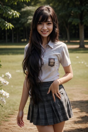  wearing sm4c3w3k,skirt,pocket,short sleeves,collared shirt,Masterpiece, (Masterpiece), (Top Quality), (Super Detailed), (Very Detailed), (Perfect Anatomy), (Super Detailed Skin), (Detailed), (Beautifully Detailed Eyes), 1 Girl, 16 Years Old, Solo, Black Hair, Very Long Hair, Blunt Bangs, Black Eyes, (Plaid Skirt), Thight shirt, Partially White Socks, White Sneakers, curvaceous, eyebrows, sideways glances, park, forest and flower fields, body, nice smile, standing,