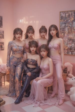 Photorealistic group portrait of six young Asian women in a pink-themed room, K-pop idol style. Vibrant pink walls with collage of posters and images. Pink sofa on the left, plush toys on the floor. Checkerboard floor pattern in pink and beige. Girls wearing eclectic, Y2K-inspired outfits: 1. Center: Dòu Bàn Jiàng, long black hair, bangs, pink top, flared jeans with lace overlay, metallic platform shoes. 2. Black pigtails, bangs, colorful printed crop top, denim skirt, arm warmers. 3. Center-left: Long black hair, bangs, purple-blue crop top, low-rise jeans, blue knee-high boots. 4. Center-right: Updo hairstyle, bangs, hot pink strapless top, flowy patterned pants, red accessories. 5. Long dark hair, bangs, khaki crop top, denim shorts, long pink gloves. 6. Right: Long straight hair, bangs, animal print crop top, pink flared pants. Each girl has unique pose and expression, ranging from confident to playful. Accessories include chunky necklaces, bracelets, and hair clips. Makeup is bold with emphasis on eyes and lips. Background details: 'JE' text visible, clothes rack on far left, stuffed animals including pink unicorn and white bear. Style: High-quality photography, sharp details, vibrant colors, soft studio lighting emphasizing the pink theme. Composition balances the girls across the frame, creating a dynamic and energetic scene.