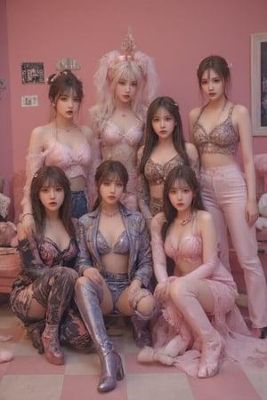 Photorealistic group portrait of six young Asian women in a pink-themed room, K-pop idol style. Vibrant pink walls with collage of posters and images. Pink sofa on the left, plush toys on the floor. Checkerboard floor pattern in pink and beige. Girls wearing eclectic, Y2K-inspired outfits: 1. Center: Dòu Bàn Jiàng, long black hair, bangs, pink top, flared jeans with lace overlay, metallic platform shoes. 2. Black pigtails, bangs, colorful printed crop top, denim skirt, arm warmers. 3. Center-left: Long black hair, bangs, purple-blue crop top, low-rise jeans, blue knee-high boots. 4. Center-right: Updo hairstyle, bangs, hot pink strapless top, flowy patterned pants, red accessories. 5. Long dark hair, bangs, khaki crop top, denim shorts, long pink gloves. 6. Right: Long straight hair, bangs, animal print crop top, pink flared pants. Each girl has unique pose and expression, ranging from confident to playful. Accessories include chunky necklaces, bracelets, and hair clips. Makeup is bold with emphasis on eyes and lips. Background details: 'JE' text visible, clothes rack on far left, stuffed animals including pink unicorn and white bear. Style: High-quality photography, sharp details, vibrant colors, soft studio lighting emphasizing the pink theme. Composition balances the girls across the frame, creating a dynamic and energetic scene.