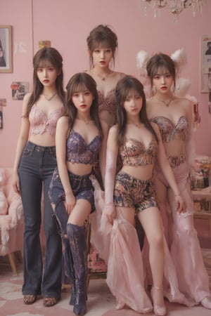 Photorealistic group portrait of six young Asian women in a pink-themed room, K-pop idol style. Vibrant pink walls with collage of posters and images. Pink sofa on the left, plush toys on the floor. Checkerboard floor pattern in pink and beige. Girls wearing eclectic, Y2K-inspired outfits: 1. Center: Dòu Bàn Jiàng, long black hair, bangs, pink top, flared jeans with lace overlay, metallic platform shoes. 2. Black pigtails, bangs, colorful printed crop top, denim skirt, arm warmers. 3. Center-left: Long black hair, bangs, purple-blue crop top, low-rise jeans, blue knee-high boots. 4. Center-right: Updo hairstyle, bangs, hot pink strapless top, flowy patterned pants, red accessories. 5. Long dark hair, bangs, khaki crop top, denim shorts, long pink gloves. 6. Right: Long straight hair, bangs, animal print crop top, pink flared pants. Each girl has unique pose and expression, ranging from confident to playful. Accessories include chunky necklaces, bracelets, and hair clips. Makeup is bold with emphasis on eyes and lips. Background details: 'JE' text visible, clothes rack on far left, stuffed animals including pink unicorn and white bear. Style: High-quality photography, sharp details, vibrant colors, soft studio lighting emphasizing the pink theme. Composition balances the girls across the frame, creating a dynamic and energetic scene.