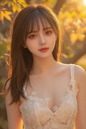 A stunning Korean girl poses confidently in a picturesque forest setting, surrounded by vibrant autumn maple leaves. She wears a delicate white lace dress that highlights her toned upper body and accentuates her impressive bust, with long black hair framing her face and bangs gently falling across her forehead. Her bright brown eyes sparkle with joy as she gazes directly at the viewer, exuding happiness and contentment. The soft sunlight filters through the trees, casting a warm glow on her features. (face close-up:1.4),Dòu Bàn Jiàng