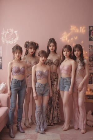 Photorealistic group portrait of six young Asian women in a pink-themed room, K-pop idol style. Vibrant pink walls with collage of posters and images. Pink sofa on the left, plush toys on the floor. Checkerboard floor pattern in pink and beige. Girls wearing eclectic, Y2K-inspired outfits: 1. Center: Dòu Bàn Jiàng, long black hair, bangs, pink top, flared jeans with lace overlay, metallic platform shoes. 2. Black pigtails, bangs, colorful printed crop top, denim skirt, arm warmers. 3. Center-left: Long black hair, bangs, purple-blue crop top, low-rise jeans, blue knee-high boots. 4. Center-right: Updo hairstyle, bangs, hot pink strapless top, flowy patterned pants, red accessories. 5. Long dark hair, bangs, khaki crop top, denim shorts, long pink gloves. 6. Right: Long straight hair, bangs, animal print crop top, pink flared pants. Each girl has unique pose and expression, ranging from confident to playful. Accessories include chunky necklaces, bracelets, and hair clips. Makeup is bold with emphasis on eyes and lips. Background details: 'JE' text visible, clothes rack on far left, stuffed animals including pink unicorn and white bear. Style: High-quality photography, sharp details, vibrant colors, soft studio lighting emphasizing the pink theme. Composition balances the girls across the frame, creating a dynamic and energetic scene.