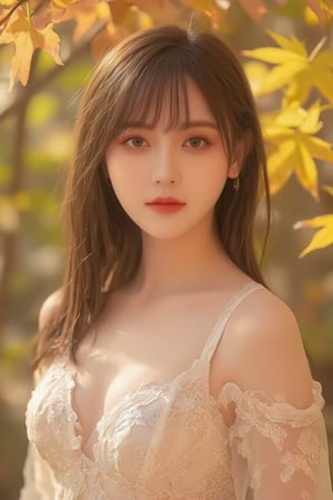 A stunning Korean girl poses confidently in a picturesque forest setting, surrounded by vibrant autumn maple leaves. She wears a delicate white lace dress that highlights her toned upper body and accentuates her impressive bust, with long black hair framing her face and bangs gently falling across her forehead. Her bright brown eyes sparkle with joy as she gazes directly at the viewer, exuding happiness and contentment. The soft sunlight filters through the trees, casting a warm glow on her features. (face close-up:1.4),Dòu Bàn Jiàng