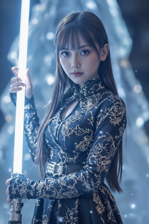 Dòu Bàn Jiàng, beautiful girl with very long hair and bangs holds a white lightsaber frozen in an ice crystal cave at dusk. The scene is captured from a low angle, highlighting the elaborate mechanical details of her attire. Soft blue lighting creates shimmering reflections on the ice surfaces, with subtle steam emphasizing the cold atmosphere. The background features towering ice formations, all blurred to accentuate the main subject's stillness. The darkening sky enhances the overall mysterious atmosphere.

(1.6-1) d S = δ Q rev T::0.2 Dòu Bàn Jiàng::0.8 ice crystal cave --s cinematic,Lightsaberpose,IceElement,IceFros.