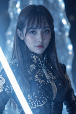 Dòu Bàn Jiàng, beautiful girl with very long hair and bangs holds a white lightsaber frozen in an ice crystal cave at dusk. The scene is captured from a low angle, highlighting the elaborate mechanical details of her attire. Soft blue lighting creates shimmering reflections on the ice surfaces, with subtle steam emphasizing the cold atmosphere. The background features towering ice formations, all blurred to accentuate the main subject's stillness. The darkening sky enhances the overall mysterious atmosphere.

(1.6-1) d S = δ Q rev T::0.2 Dòu Bàn Jiàng::0.8 ice crystal cave --s cinematic,Lightsaberpose,IceElement,IceFros.