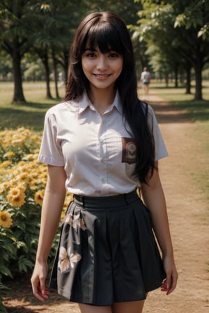  wearing sm4c3w3k,skirt,pocket,short sleeves,collared shirt,Masterpiece, (Masterpiece), (Top Quality), (Super Detailed), (Very Detailed), (Perfect Anatomy), (Super Detailed Skin), (Detailed), (Beautifully Detailed Eyes), 1 Girl, 16 Years Old, Solo, Black Hair, Very Long Hair, Blunt Bangs, Black Eyes, Thight shirt, Partially White Socks, White Sneakers, curvaceous, eyebrows, sideways glances, park, forest and flower fields, body, nice smile, standing,