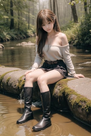 主：(((Beside a misty forest stream))),((sitting)),((Full body image)),
優：SD 1.5,Stepping on ripples in the water,
髮：(bangs),(((long hair))),
服：(Student uniform), (mini pleated skirt),(black compression tights), (((boots))),(((Off the shoulders))),(((shoulderless, low-cut))), ((trendy belt)),Dòu Bàn Jiàng