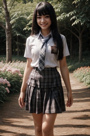  wearing sm4c3w3k,skirt,pocket,short sleeves,collared shirt,Masterpiece, (Masterpiece), (Top Quality), (Super Detailed), (Very Detailed), (Perfect Anatomy), (Super Detailed Skin), (Detailed), (Beautifully Detailed Eyes), 1 Girl, 16 Years Old, Solo, Black Hair, Very Long Hair, Blunt Bangs, Black Eyes, (Plaid Skirt), Skirt, (Uniform), Partially White Socks, White Sneakers, (plaid tie), curvaceous, eyebrows, sideways glances, park, forest and flower fields, body, nice smile, standing,