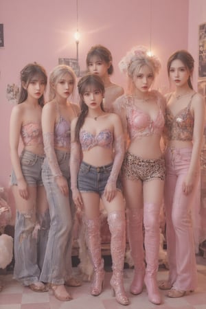 Photorealistic group portrait of six young Asian women in a pink-themed room, K-pop idol style. Vibrant pink walls with collage of posters and images. Pink sofa on the left, plush toys on the floor. Checkerboard floor pattern in pink and beige. Girls wearing eclectic, Y2K-inspired outfits: 1. Center: Dòu Bàn Jiàng, long black hair, bangs, pink top, flared jeans with lace overlay, metallic platform shoes. 2. Black pigtails, bangs, colorful printed crop top, denim skirt, arm warmers. 3. Center-left: Long black hair, bangs, purple-blue crop top, low-rise jeans, blue knee-high boots. 4. Center-right: Updo hairstyle, bangs, hot pink strapless top, flowy patterned pants, red accessories. 5. Long dark hair, bangs, khaki crop top, denim shorts, long pink gloves. 6. Right: Long straight hair, bangs, animal print crop top, pink flared pants. Each girl has unique pose and expression, ranging from confident to playful. Accessories include chunky necklaces, bracelets, and hair clips. Makeup is bold with emphasis on eyes and lips. Background details: 'JE' text visible, clothes rack on far left, stuffed animals including pink unicorn and white bear. Style: High-quality photography, sharp details, vibrant colors, soft studio lighting emphasizing the pink theme. Composition balances the girls across the frame, creating a dynamic and energetic scene.